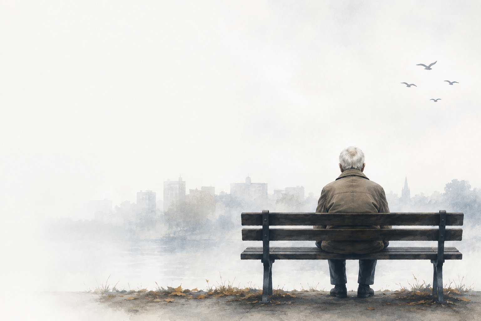 Ein älterer Mann sitzt allein auf einer Bank und blickt durch den Nebel auf die Stadt am Wasser – Sinnbild für Einsamkeit und Altersarmut, während Vögel dem Licht am Horizont entgegenfliegen.